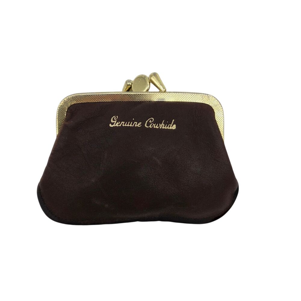 Vintage 1950s 60s Soft Brown Cowhide Leather Coin Purse Snap Kiss Lock Wallet